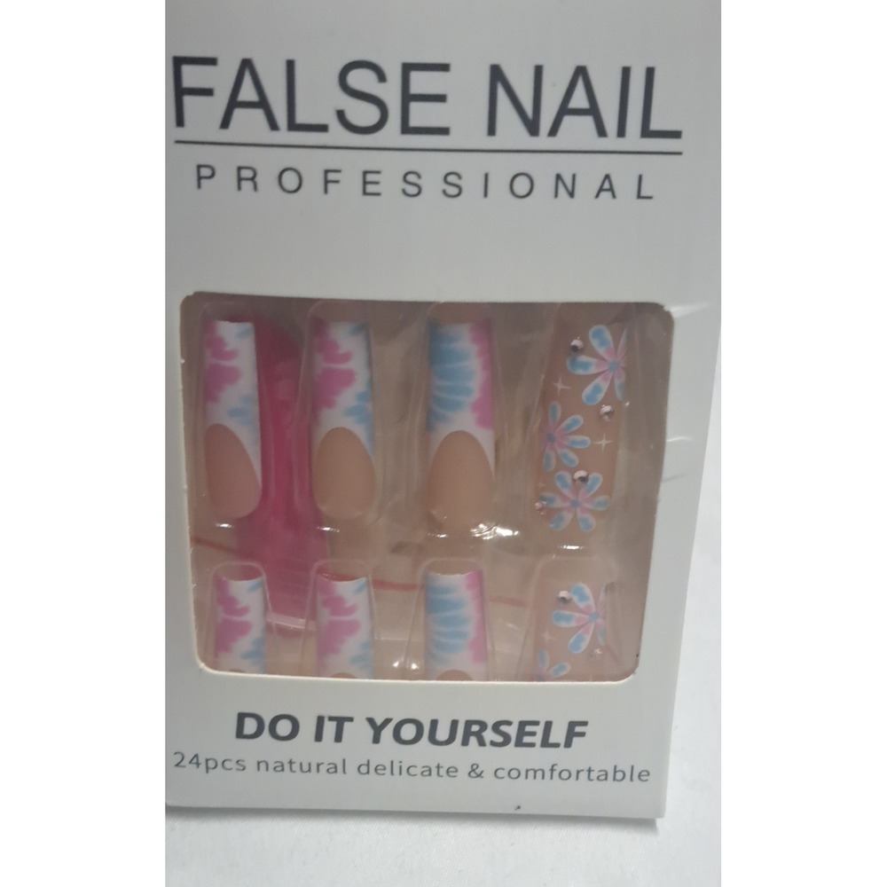 False Nail Professional Acrylic Press On Nails Pink Blue Floral 30pcs 3 Packs